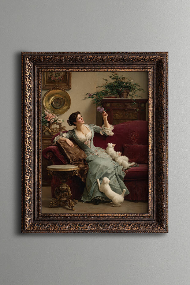 Elegant Woman and Kittens - Vintage Patterned Painting - Thick Model