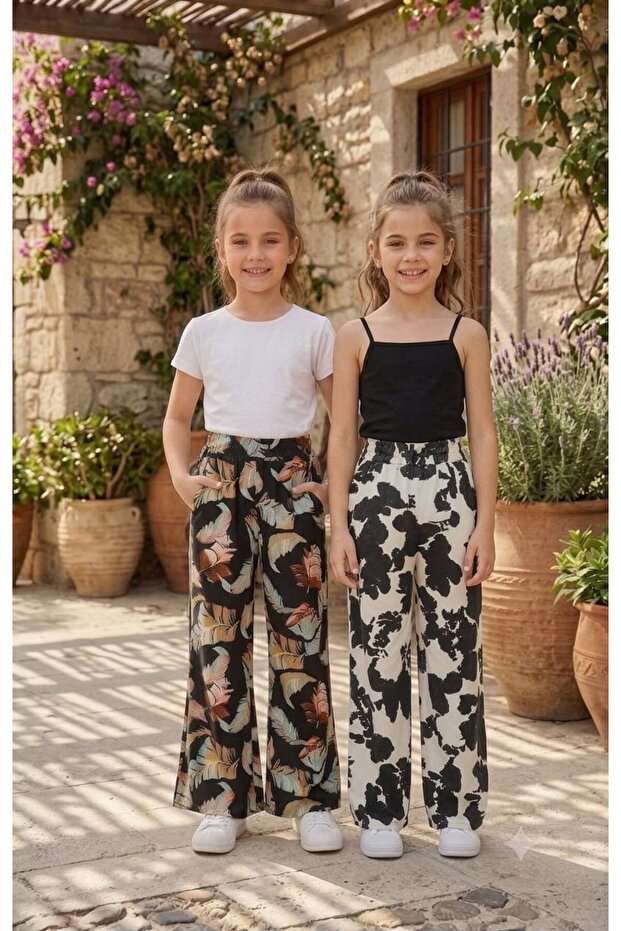 Patterned Girl's Trousers with Elastic Waist