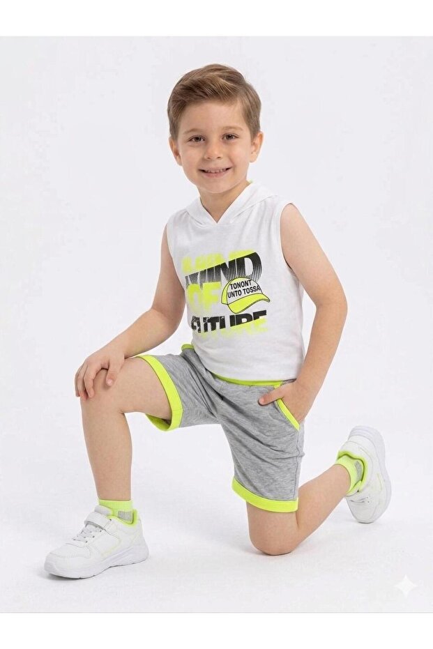 Edelwiss Boys' Hooded Sleeveless Printed Shorts 2-Piece Sports Set