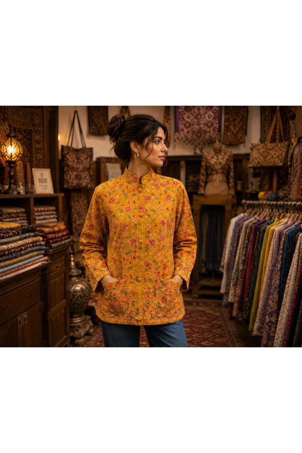 Mustard Color Bohemian Jacket with Floral Embroidery and Pocket Detail