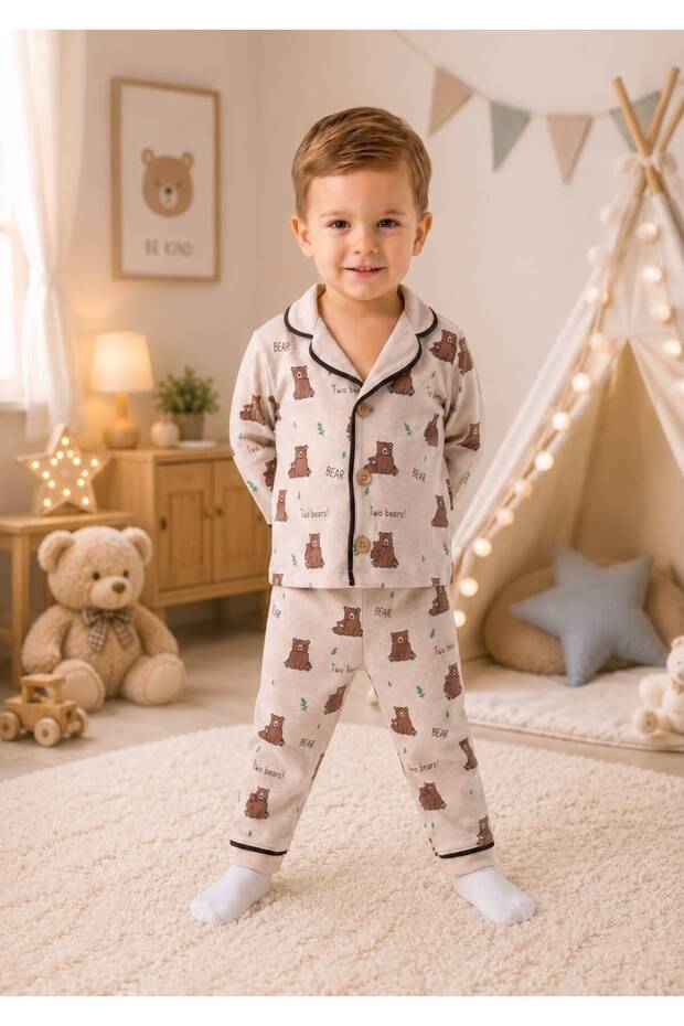 100% Cotton Long Sleeve Buttoned Teddy Bear Patterned Soft Textured Top and Bottom Unisex Baby Pajama Set for Girls and Boys
