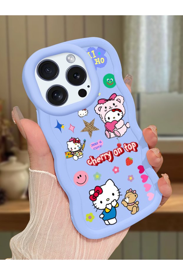 iPhone 15 Pro Compatible Case with Camera Protector Blue Silicone Couple Phone Case Kitty Pattern