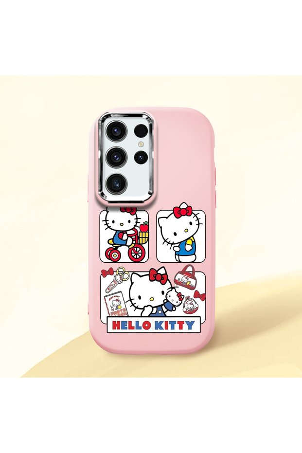 Samsung Galaxy S24 Ultra Compatible Case with Camera Protector Pink Silicone Couple Phone Case with Kitty Pattern