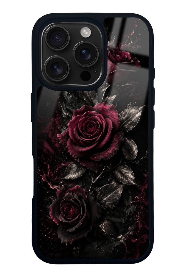 iPhone 16 Pro Obsidian Burgundy Roses Design Glossy Phone Case