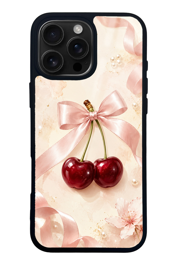 iPhone 16 Pro Max Glossy Phone Case with Cherry Pearl Ribbon Design