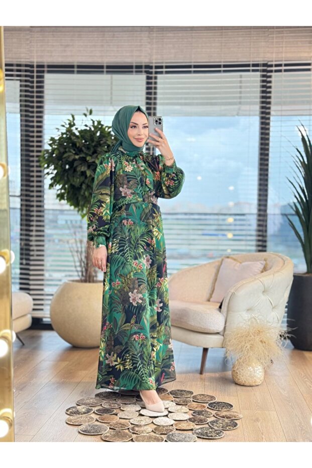 08-1651 Chiffon Dress with Branch and Flower Pattern Green