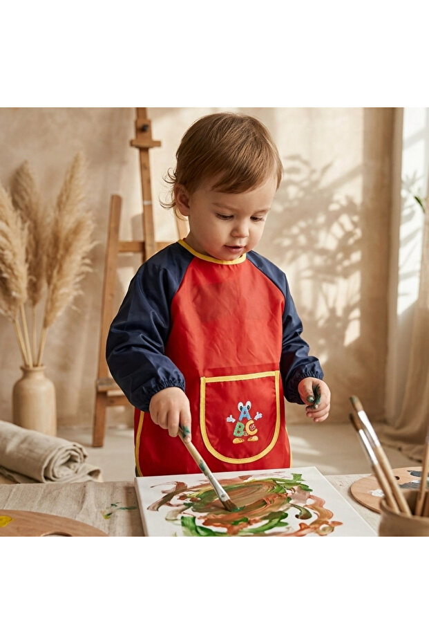 Juniorart Waterproof Long Sleeve Children's Activity and Dining Apron 3-5 Years - Red Navy Blue Abc Karak