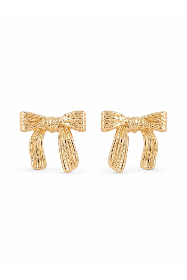 Brass Gold Color Line Detail Bow Earrings