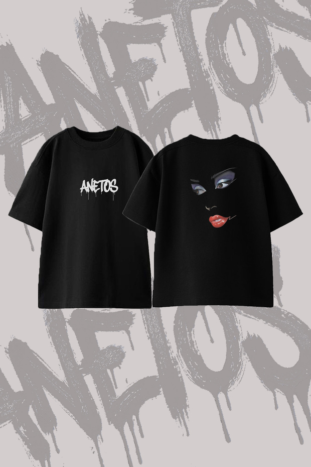 Makeup Face Design Back Printed Cotton Black Oversize T-Shirt