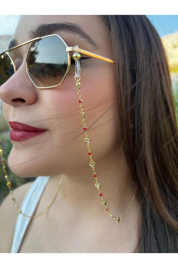 Stylish Design Heart Stone Beaded Glasses Chain | Women's Glasses Strap | Silicone Tip Eyeglass Accessory | Compatible with All Glasses