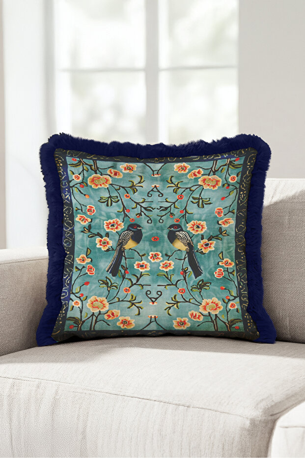 Authentic Fringed Pillowcase with Floral Bird Figure-Spring Boho Coral Navy Blue Tassel Throw Pillow Cover