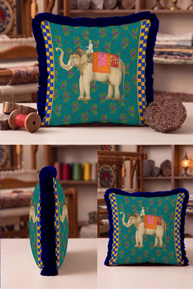 Exotic Elephant Design Fringe Pillowcase - Authentic Safari Bohemian Navy Blue Tassel Throw Pillow Cover