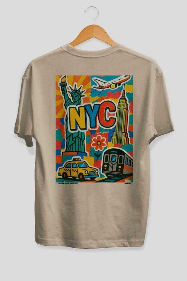 Nyc Usa Beige Oversize Country City Back Printed Unisex T-Shirt 100% Cotton Premium