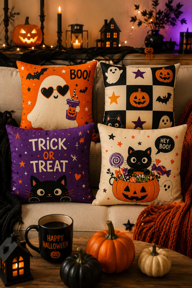 Halloween Set of 4 Throw Pillow Covers 43X43 cm Halloween Decorative Pillowcases
