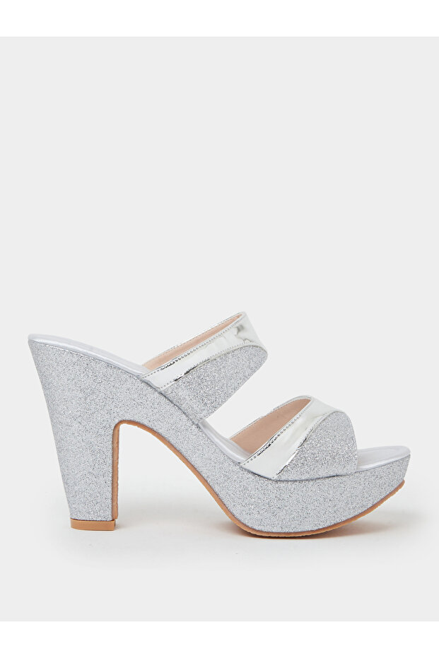 Silver Glitter Look Block Heel Mules
