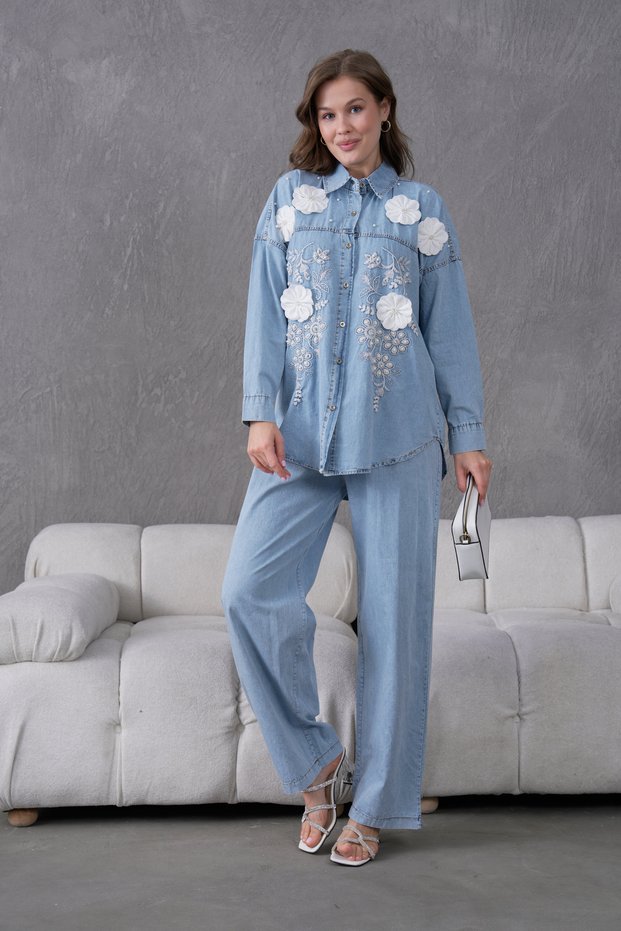 Women's Embroidered Summer Denim Shirt and Pants Top and Bottom Set