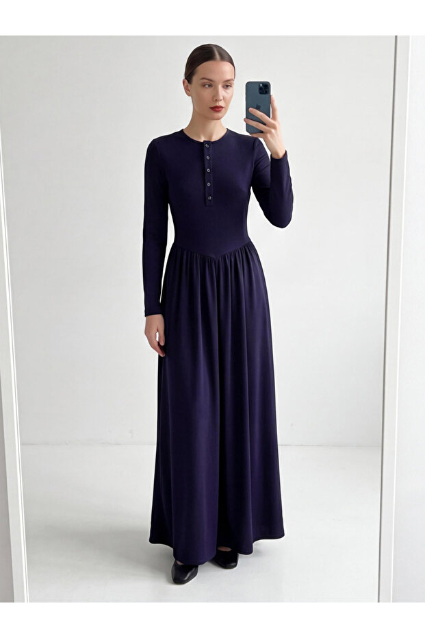 Dark Blue A-Line Maxi Dress With Long Sleeves
