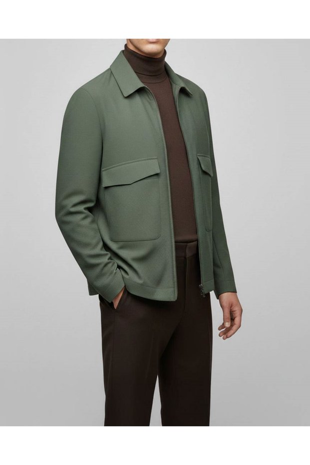 Italian Style Slim Fit Seasonal Seersucker Fabric Coat with Pocket Details in Green T11893