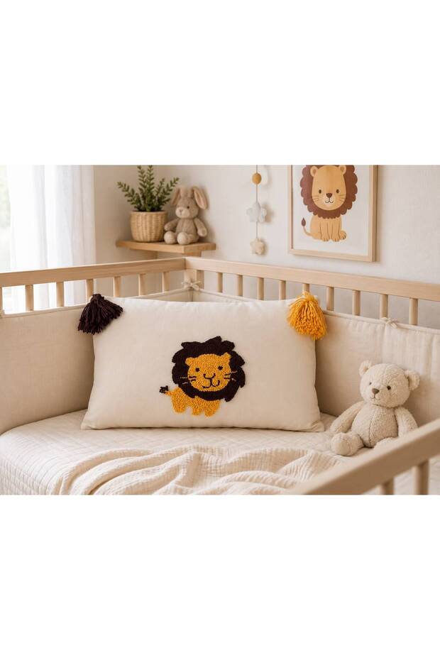 Lion Pattern Embroidered Decorative Pillow with Pompom Detail for Baby/Kid's Room