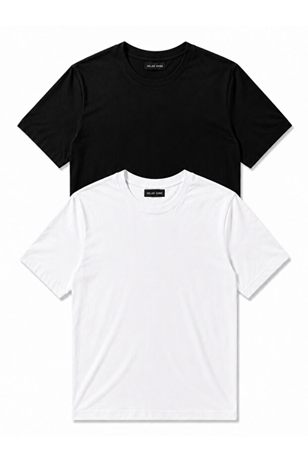 Set of 2 Men's White-Black Cotton Slim Fit Crew Neck Basic T-Shirts