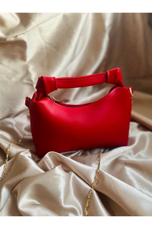 Red Soft Modern Leather Stylish Twist Detailed Elegant Chain Strap Hand and Shoulder Bag. ((Marteniçka Bracelet Is a Gift! ! ))
