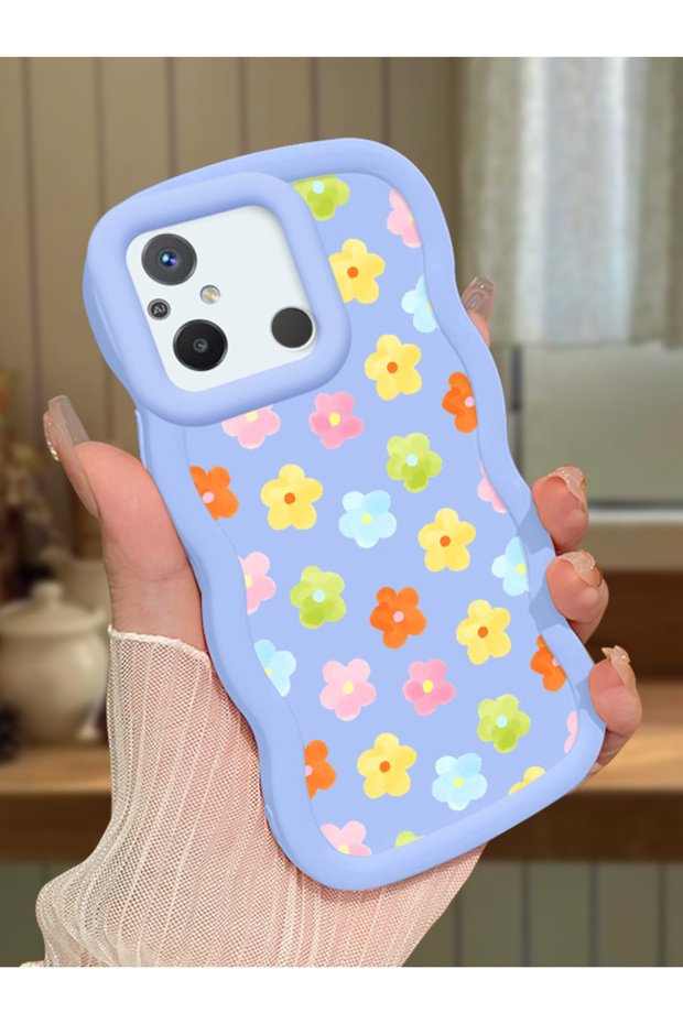 حافظة متوافقة مع هاتف Poco C55، حافظة حماية للكاميرا من السيليكون الأزرق، حافظة هاتف بنمط زهور