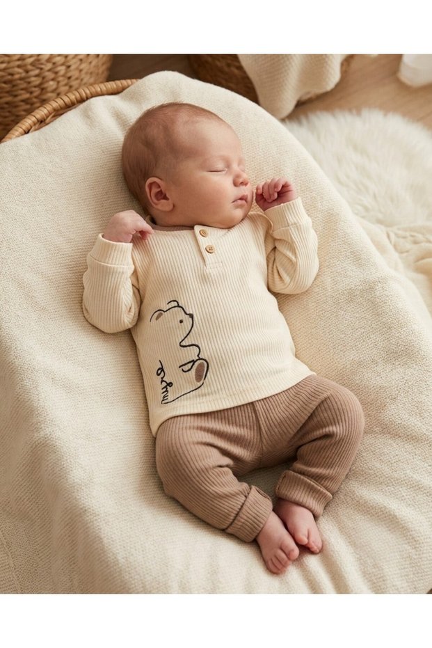 100% Cotton 0-3-6-9-12 Months Baby Boy Teddy Bear Embroidered Thin Seasonal 2-Piece Baby Set