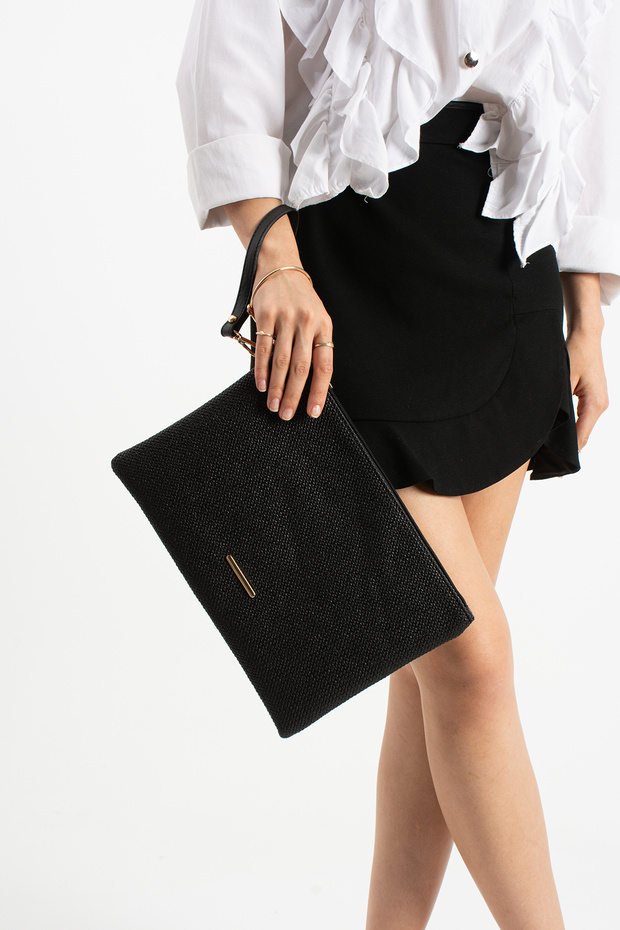 Black Linen Look Women's Faux Leather Tablet Size Clutch Bag with Wrist Strap