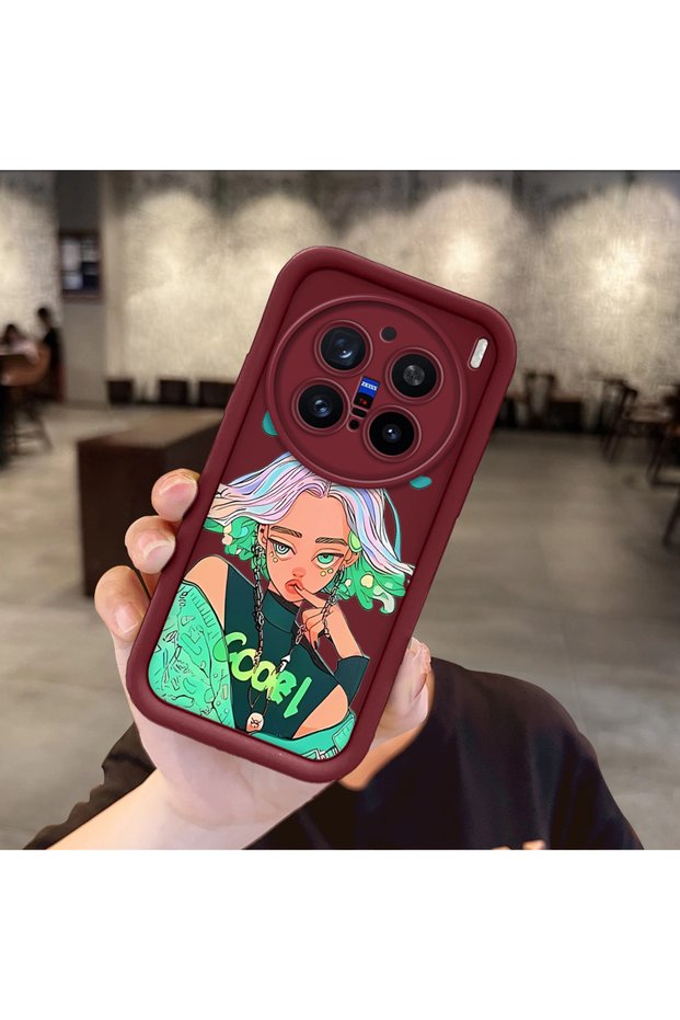 Vivo X200 Pro Compatible Case Camera Protector Burgundy Silicone Couple Phone Case Girl Pattern