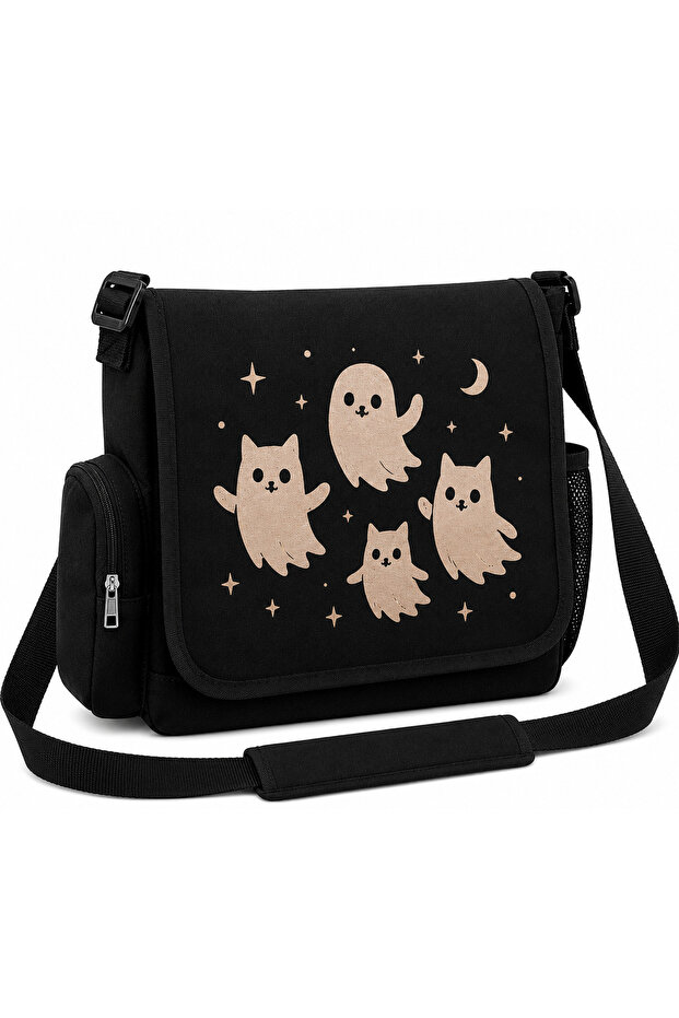 Cat Printed Unisex Black Messenger Bag Voluminous Postman Bag/ Laptop Bag/ School Bag