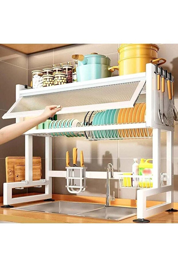 Dish Rack Organizer Stainless Steel with Doors Over Sink Dish Drying Rack Storage Rack Kitchen Dish Drainer Nonslip Kitchen Multipurpose Rack Dust-Proof