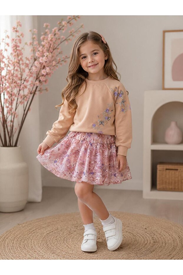 Girl's Floral Embroidered 2-Piece Set Patterned Tulle Skirt