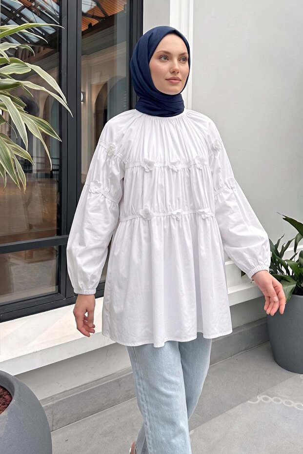 Floral Gathered Tunic 5501 - White