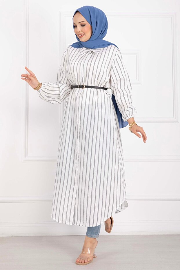 Striped Button-Down Shirt Tunic Ecru
