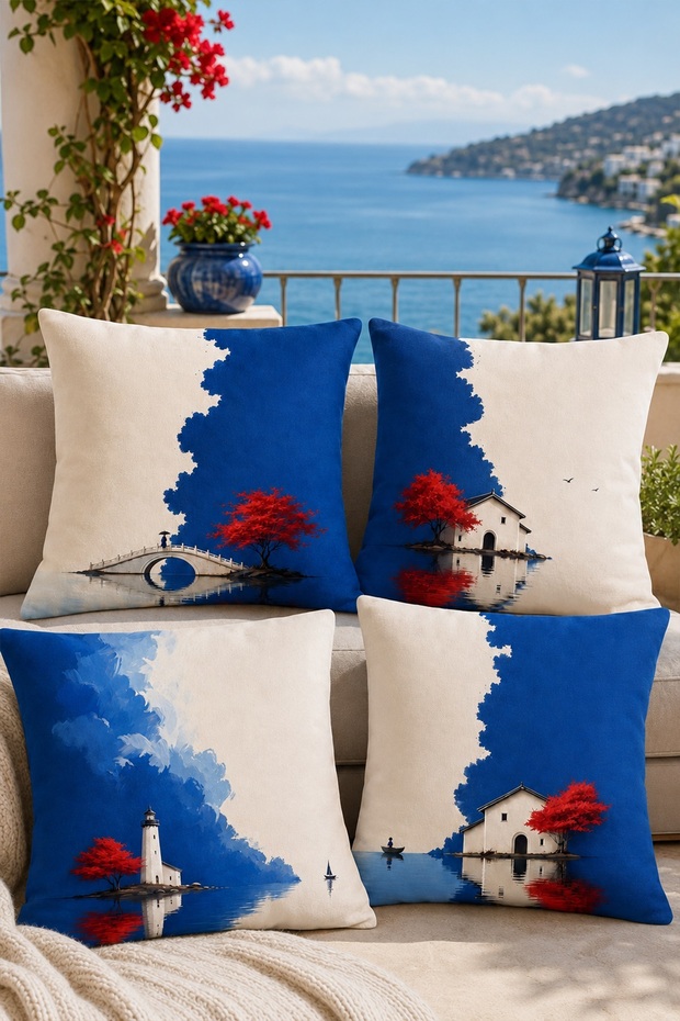 Blue Abstract Abstract Patterned 4-Piece Throw Pillow Cover Set