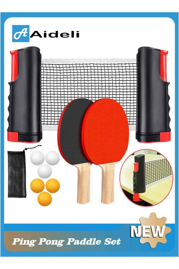 Ping Pong Paddle Set with Retractable Net, Portable Table Tennis Set with 2 Rackets, 6 Balls and Carry Bag for Children & Adults, Indoor Outdoor Games