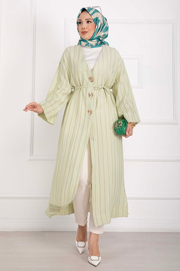 Gold Buttoned Lace-Up Long Kimono Green Olive