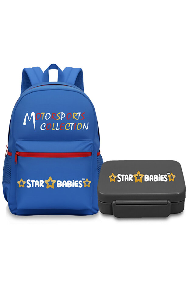 2- Piece School Bag Combo Set Specious Motosports Themed Backpack & BPA FREE Multi Compartment Lunch Box, Blue/Black
