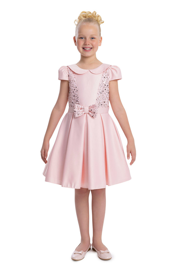 Girl's Evening Dress with Sequins on the Sides, Bebe Collar, Box Pleated Dress - Birthday, Party, Wedding, Graduation (Ages 8, 9, 10, 11, 12) 34095Pr