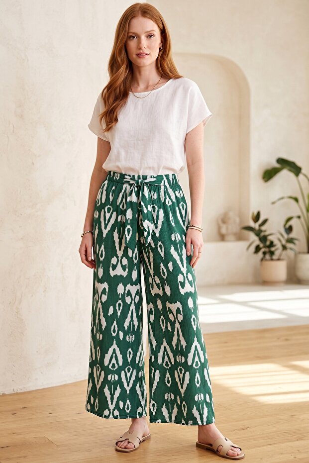 Women's Green and White Patterned Wide-Leg Pants - High-Waisted Atlas Pants