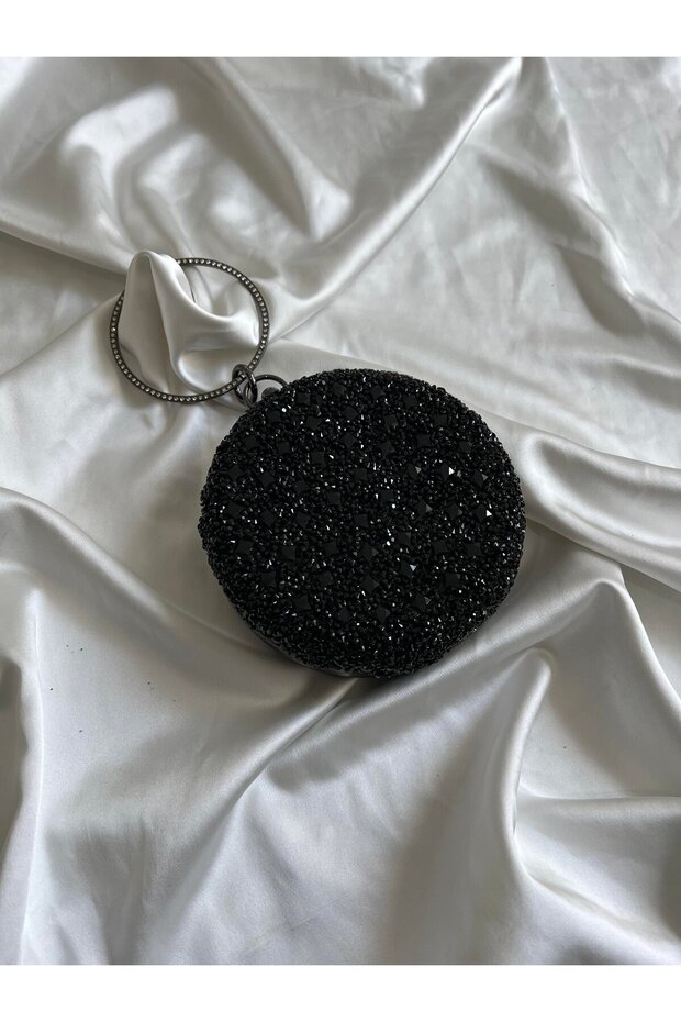 Stone-Embellished Cylinder Model Wedding Engagement Evening Dress Bag Stone-Embellished Black