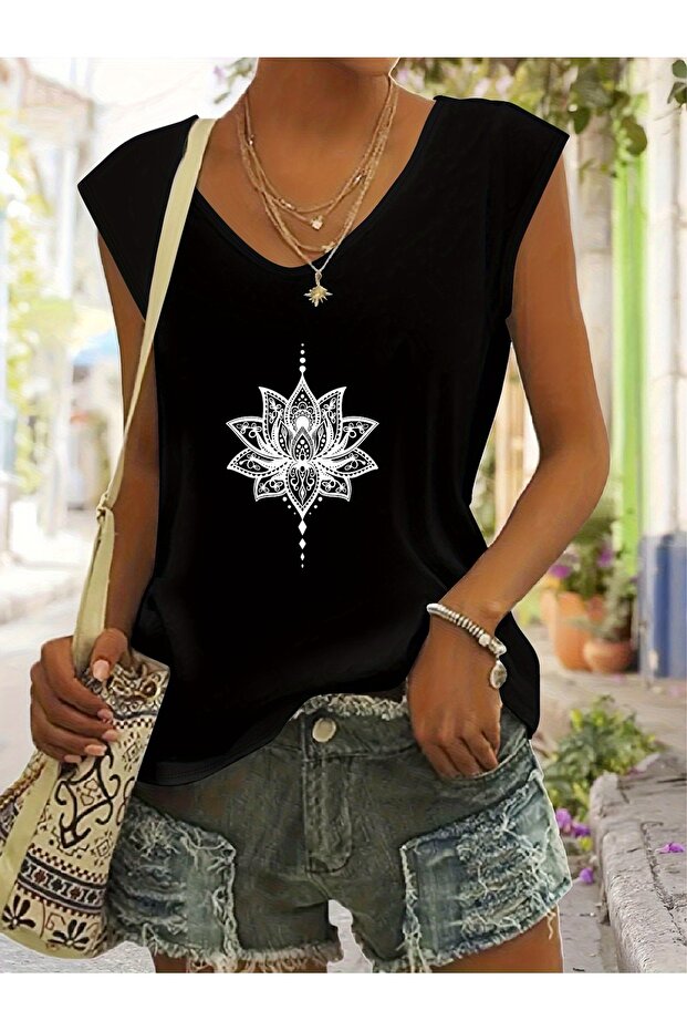 Women's Mix Printed V-Neck Sleeveless Regular Fit Comfortable T-Shirt