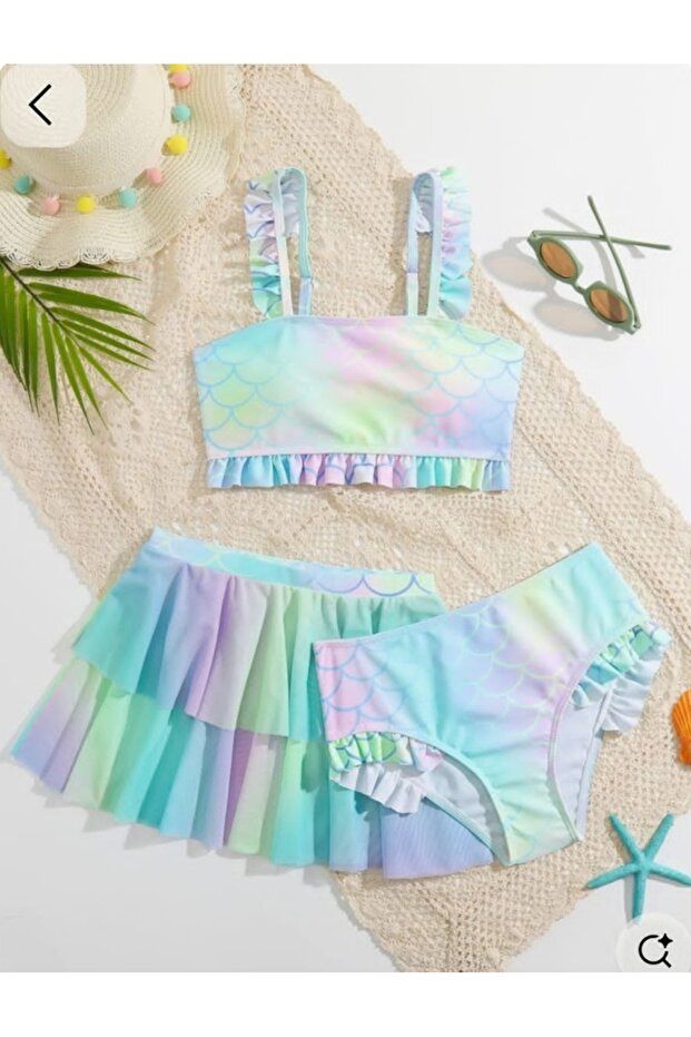 Girl's Stylish Three-Piece Swimsuit Bikini Set with Patterned Skirt