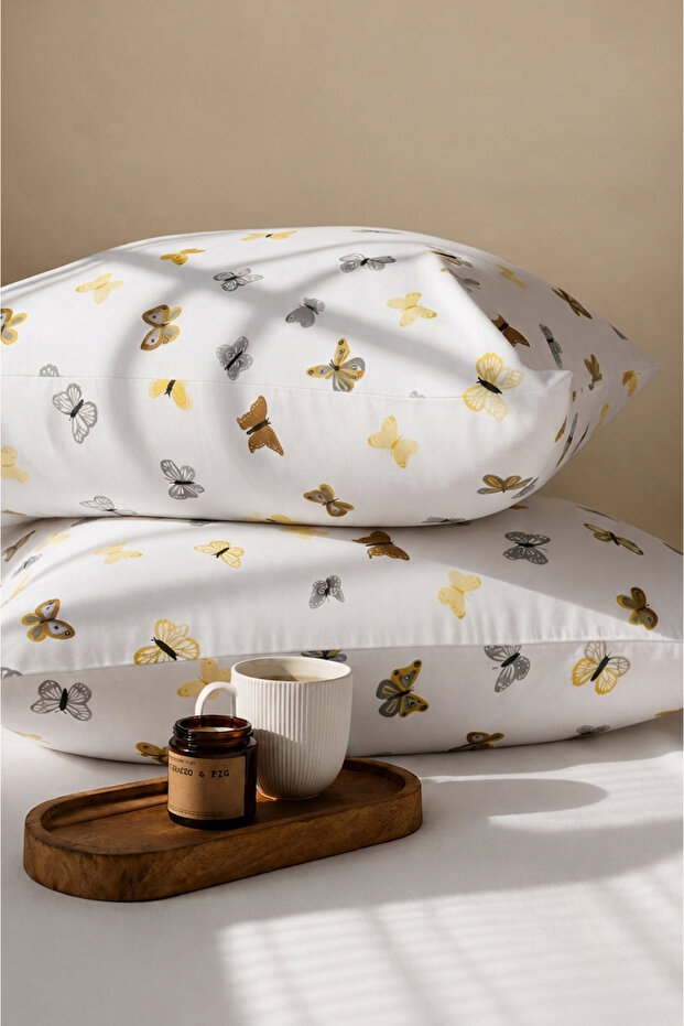 Yellow Butterfly Patterned Cotton Ranforce Fabric Zippered Pillowcase 2 Pieces 50X70 cm