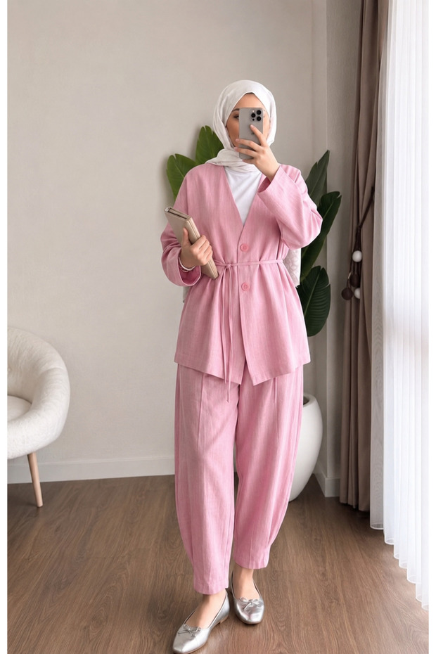 Women's Kimono Set with Waist Tie and Shalwar Cut Pants - Pink
