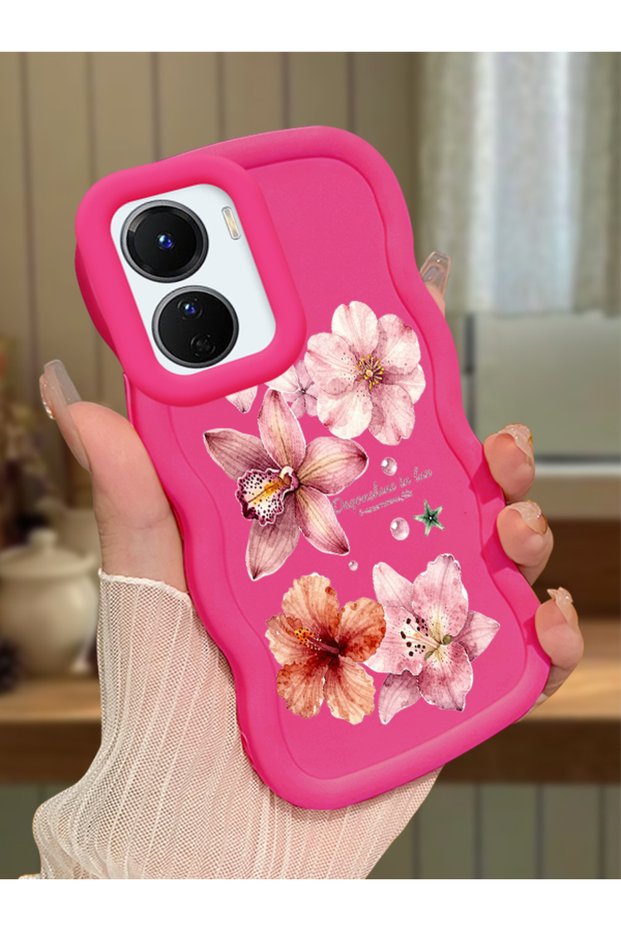 Vivo Y16 Compatible Case Camera Protector Red Silicone Couple Phone Case Floral Pattern