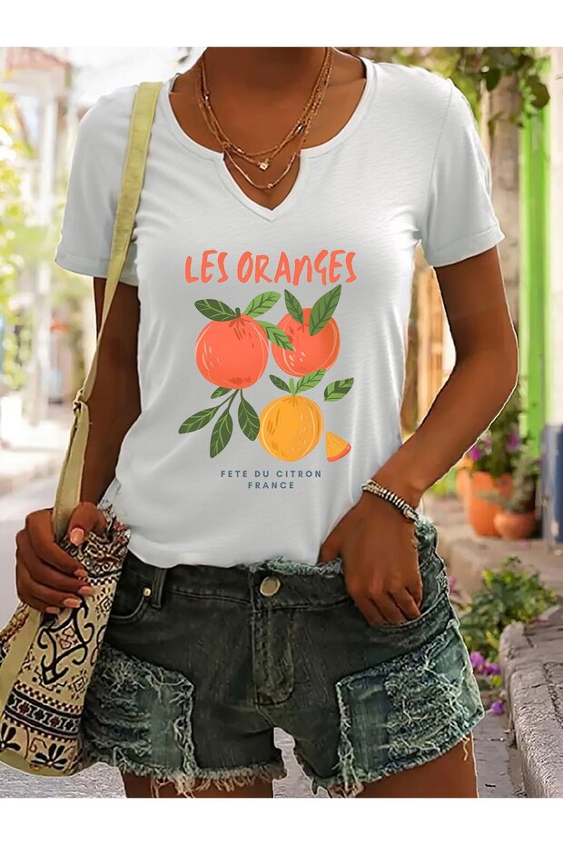 Women's Summer Printed Half V-Neck Sleeves Regular Fit Casual T-Shirt