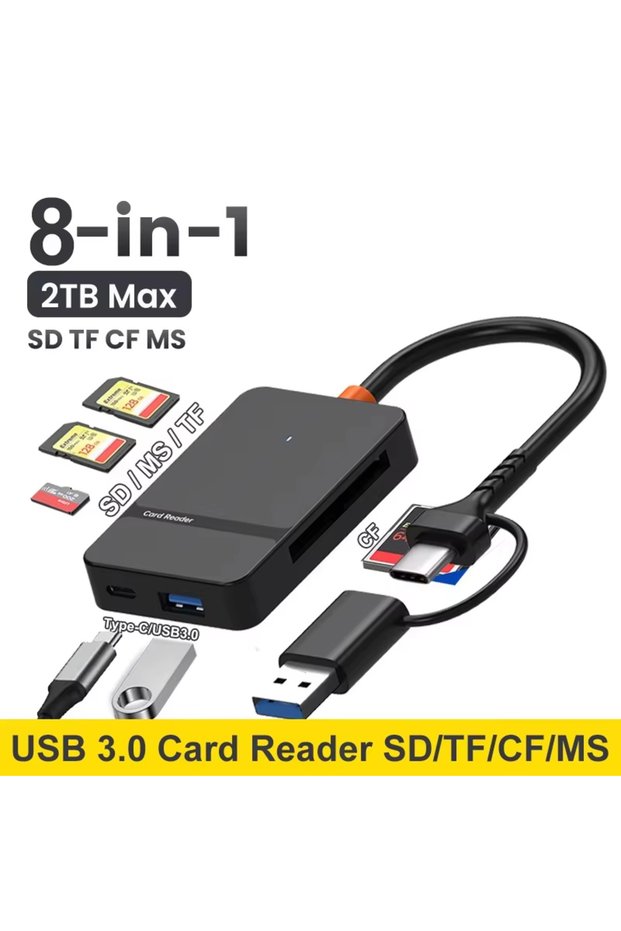 قارئ بطاقات 8 في 1 USB 3.0، قارئ بطاقات SD وMicro SD وTF وCF وMS وU Disk وCompact Flash، محول بطاقات للهواتف الذكية.