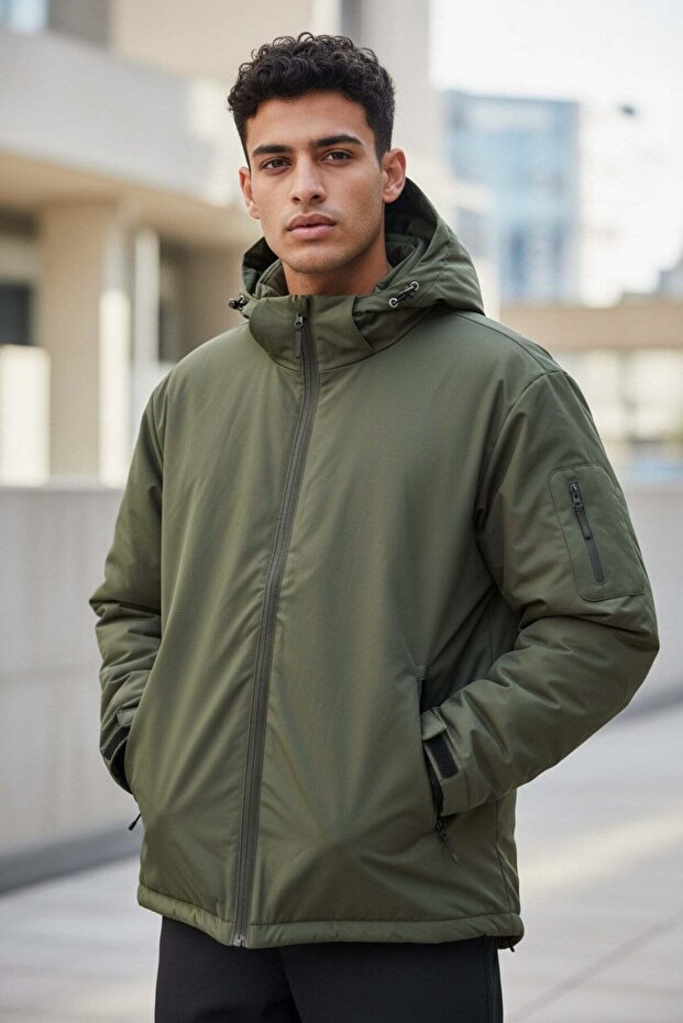 F12. Men's Coat, High-Quality with Zipper and Hood