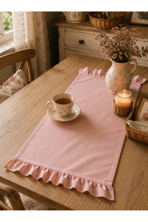 Cotton Blended Linen Textured Ruffle Runner 40X110